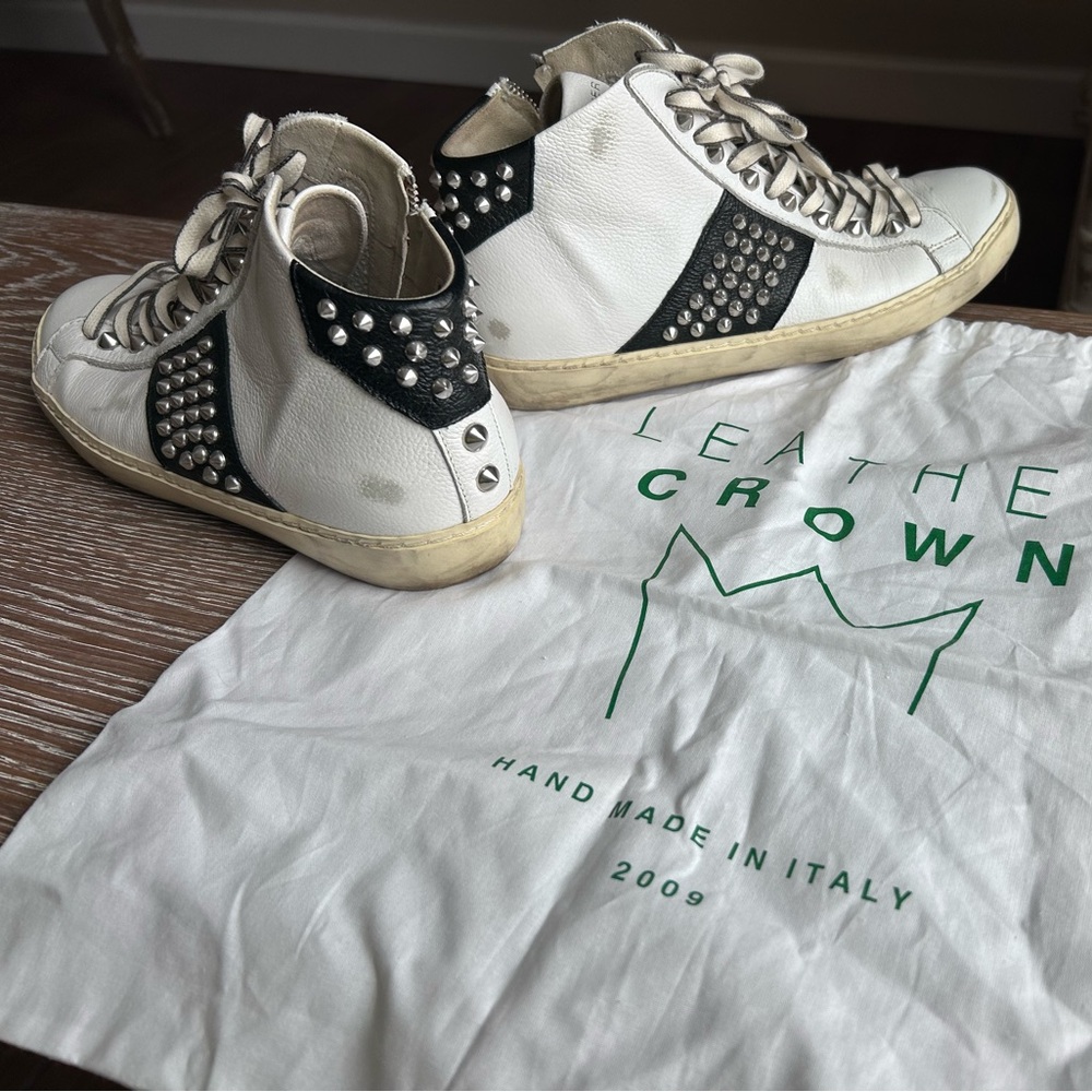 Leather Crown White and Black Studded Leather Sneakers - Picture 2 of 6